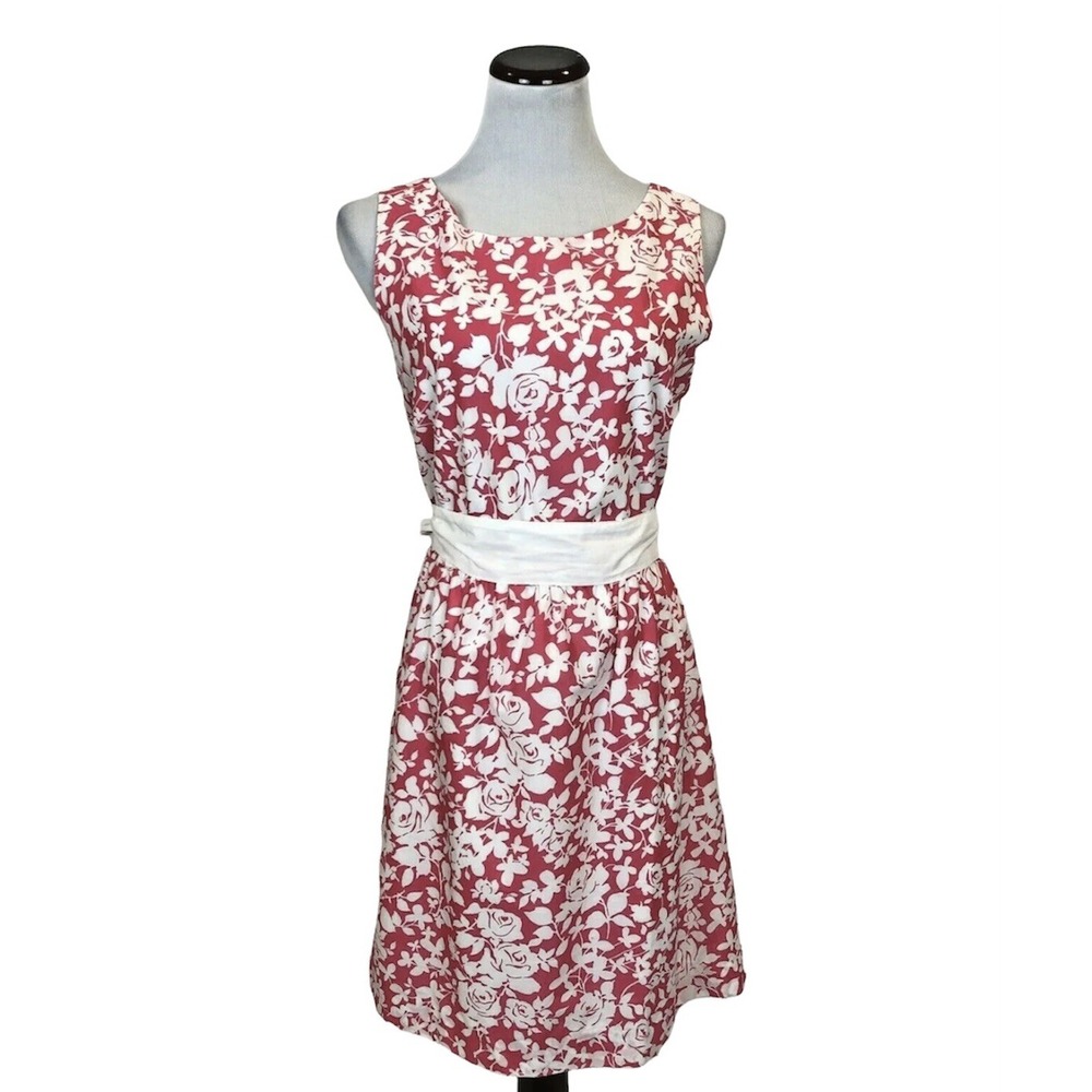 Garnet Hill Size 14 Dress Pink Floral Rose Cotton with Fabric Belt Sleeveless